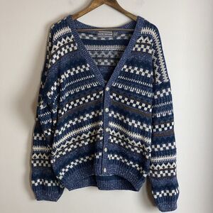 VTG DAVID TAYLOR Mens Blue Geometric Cardigan Knit Sweater Size L Tall Grandpa